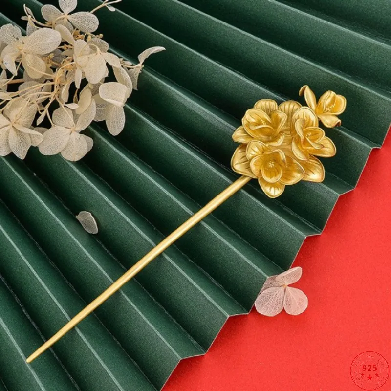 

S925 Sterling Silver Hairpin for Women New Fashion Gold Plated Relief Flowers Buds Hair-sticks Headwear Hair Accessories Jewelry