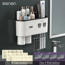 Magnetic Adsorption Toothbrush Holder with Automatic Toothpaste Dispenser and Storage Rack (Black 2cup 4 sticker)