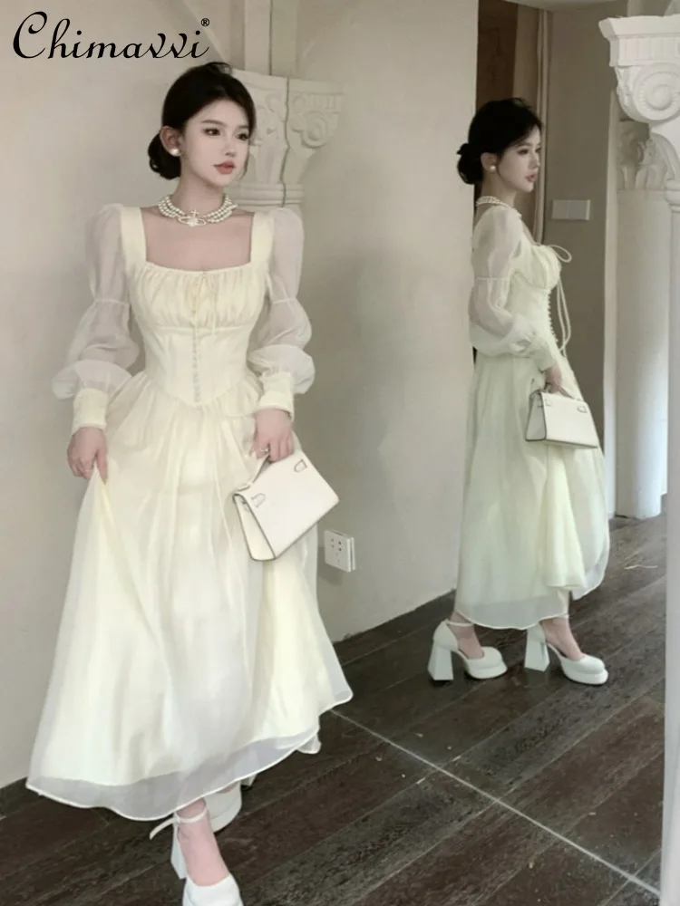 

Fashion Elegant Women's Square Collar High Waist Women's Dress Spring French Elegant Sweet Puff Sleeve Slim Long A-Line Dress