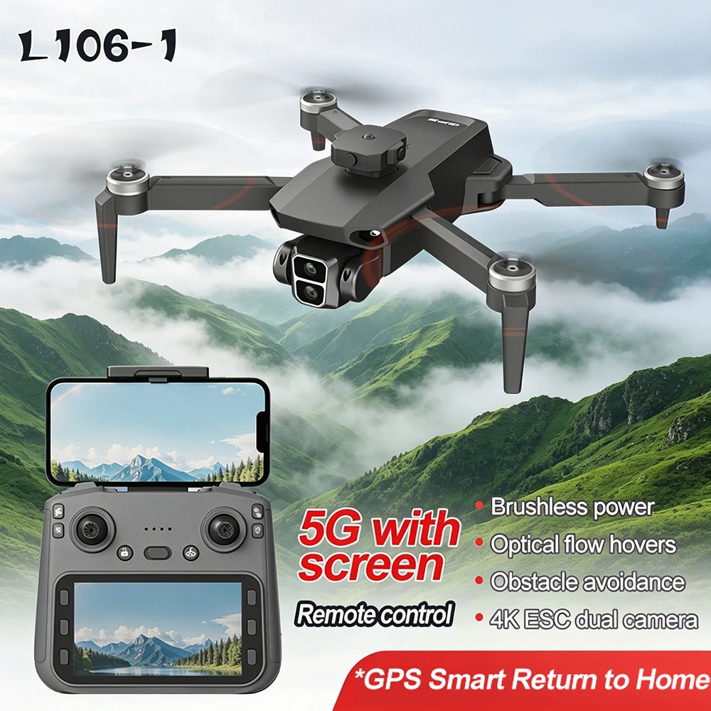 Drone GPS L106-1 en vol avec caméra 4K HD capturant un paysage urbain, moteur brushless et évitement d'obstacles actifs.