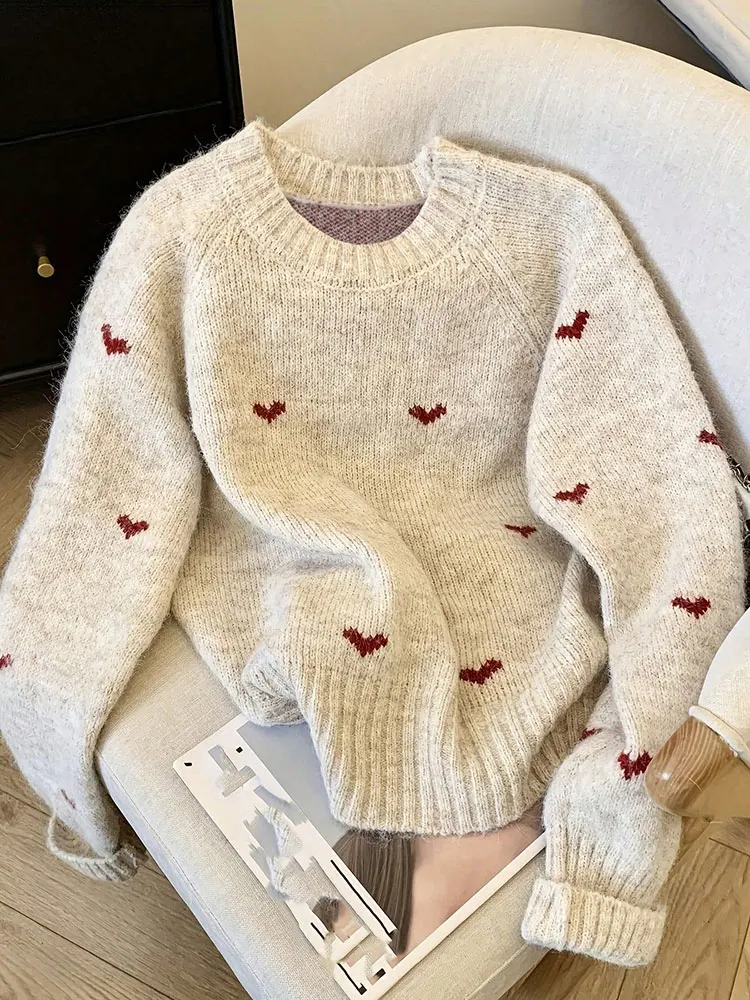 Women’s Heart Pattern Knit Sweater with Embroidered Hearts