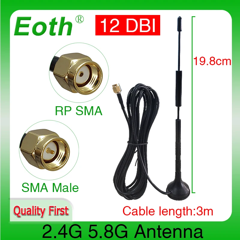 EOTH 1 2pcs 2.4g 5.8g antenna Magnetic base 12dbi sma male Pure copper wlan wifi dual band antene router antena 3m RG174 cable 2pcs 2 4g 5 8g 12dbi high gain signal wifi antenna sma male connector magnetic base for radio signal booster wireless repeater