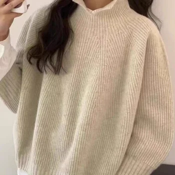Women's Loose Half-High Neck Open Collar Wool Sweater Autumn/Winter Sleeve Cashmere Knitted Pullover Base Layer Top 1