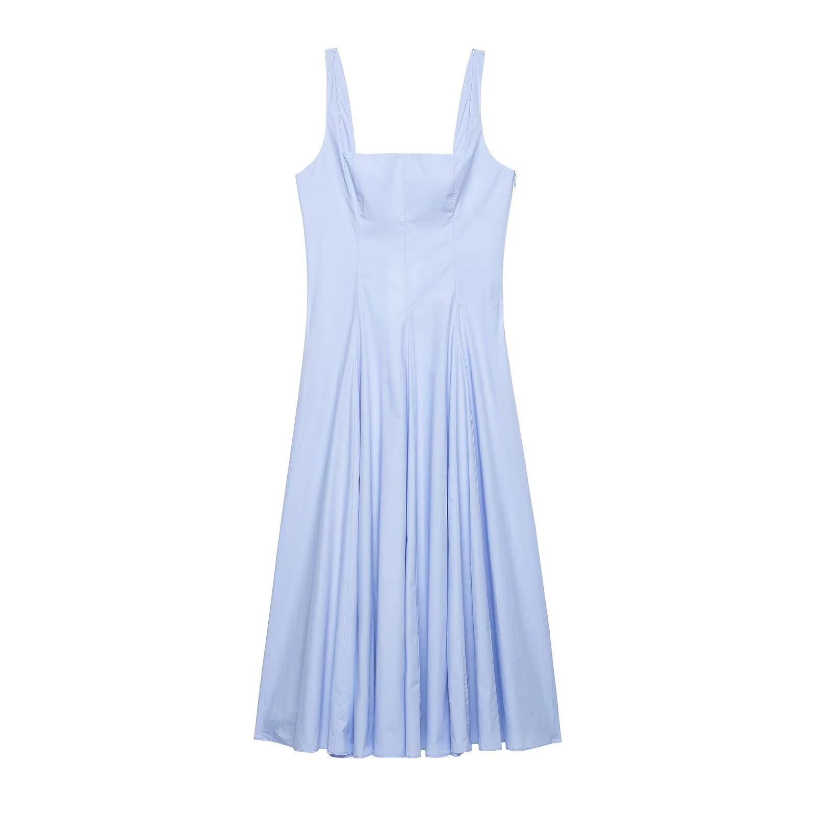 2026 Spring/Summer New Women's Blue Sleeveless Square-Neck Poplin Flared Dress with Ruffled Skirt
