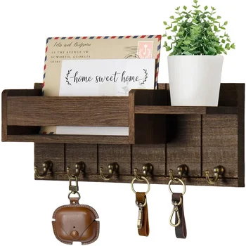 Rustic Wood Key Holder with Shelf & 6 Hooks 1