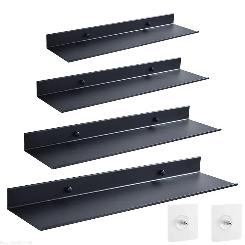 Bath Storage Rack ชั้นวางของลอย Matt สีดําห้องน้ําห้องครัวกระจกโลหะ Shower Organizer Home อุปกรณ์เสริมไม่มีเจาะ 1