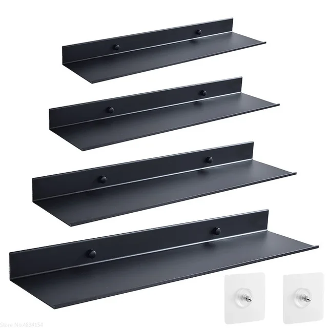 Bath Storage Rack ชั้นวางของลอย Matt สีดําห้องน้ําห้องครัวกระจกโลหะ Shower Organizer Home อุปกรณ์เสริมไม่มีเจาะ 1