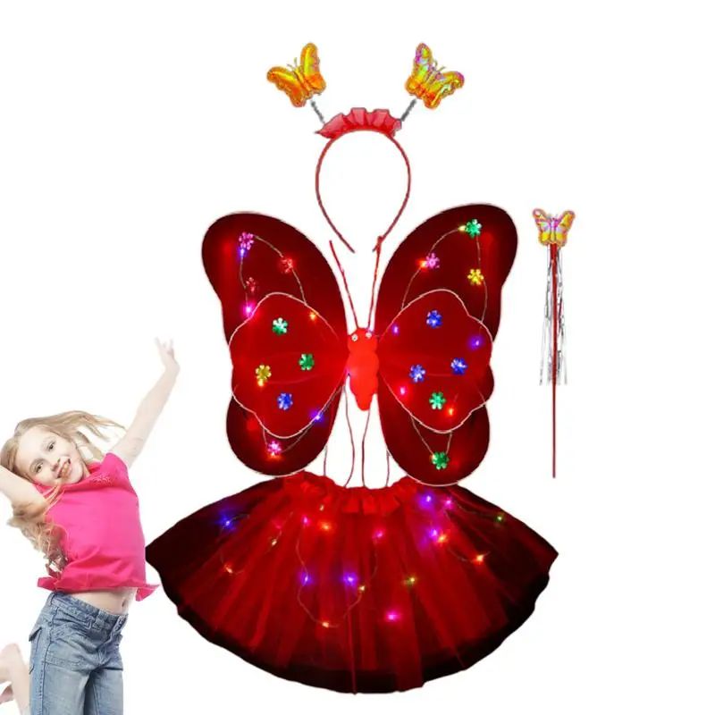 

Light Up Fairy Wings 4PCS Fancy Dress Set With Wings Tutu Skirt Wand Headband Fancy Dress Set For Girls 3-8