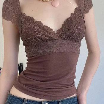 여성용 요정 그런지 반팔 크롭탑, V넥 레이스 트림, 패치워크 슬림핏 티셔츠, 로우 컷 티, 스트리트웨어, 여름 y2k