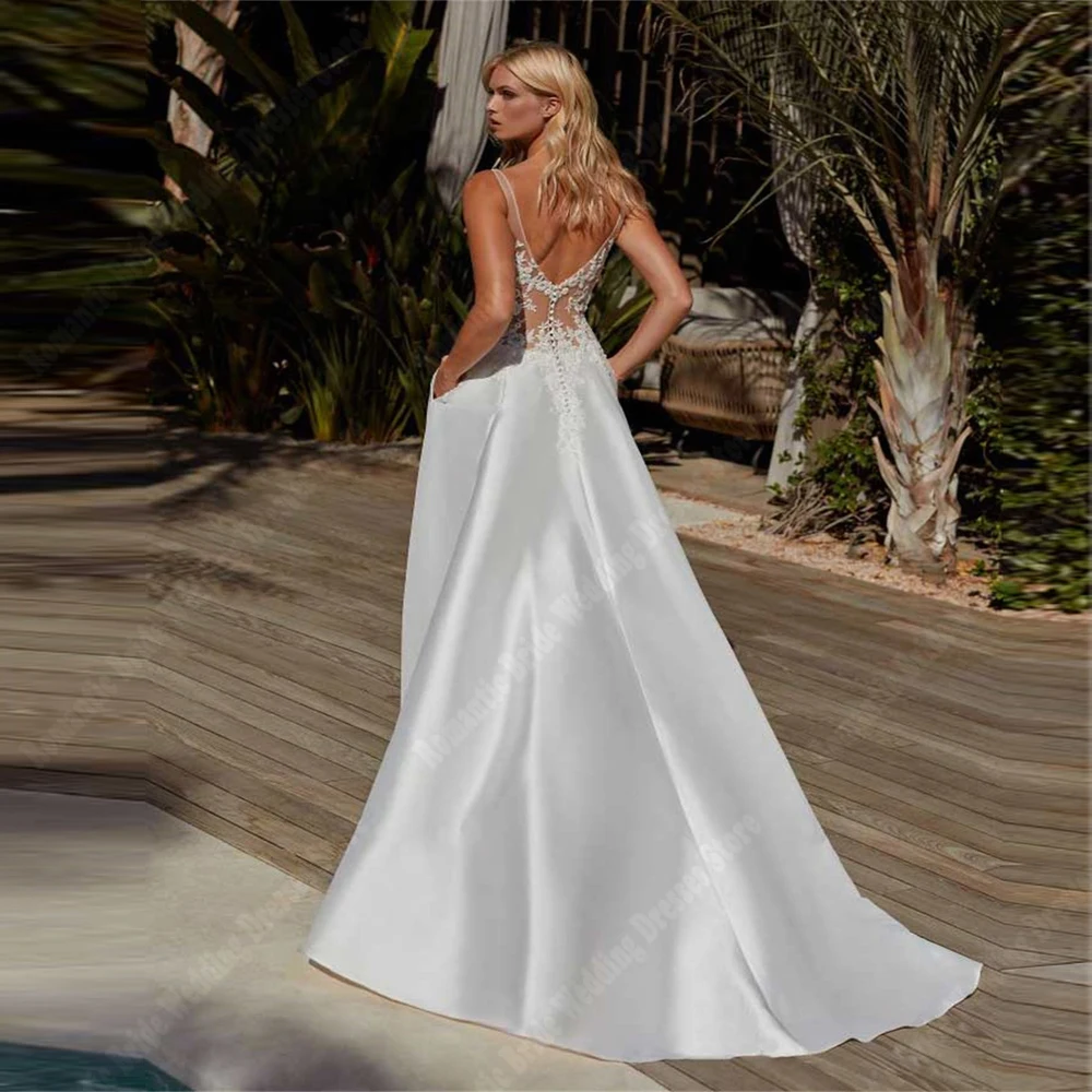Elegant Women's Satin Wedding Dresses Gorgeous Fluffy Skirt Hem A-Line Princess Bridal Gowns Beach Vestidos De Novias Customized 2