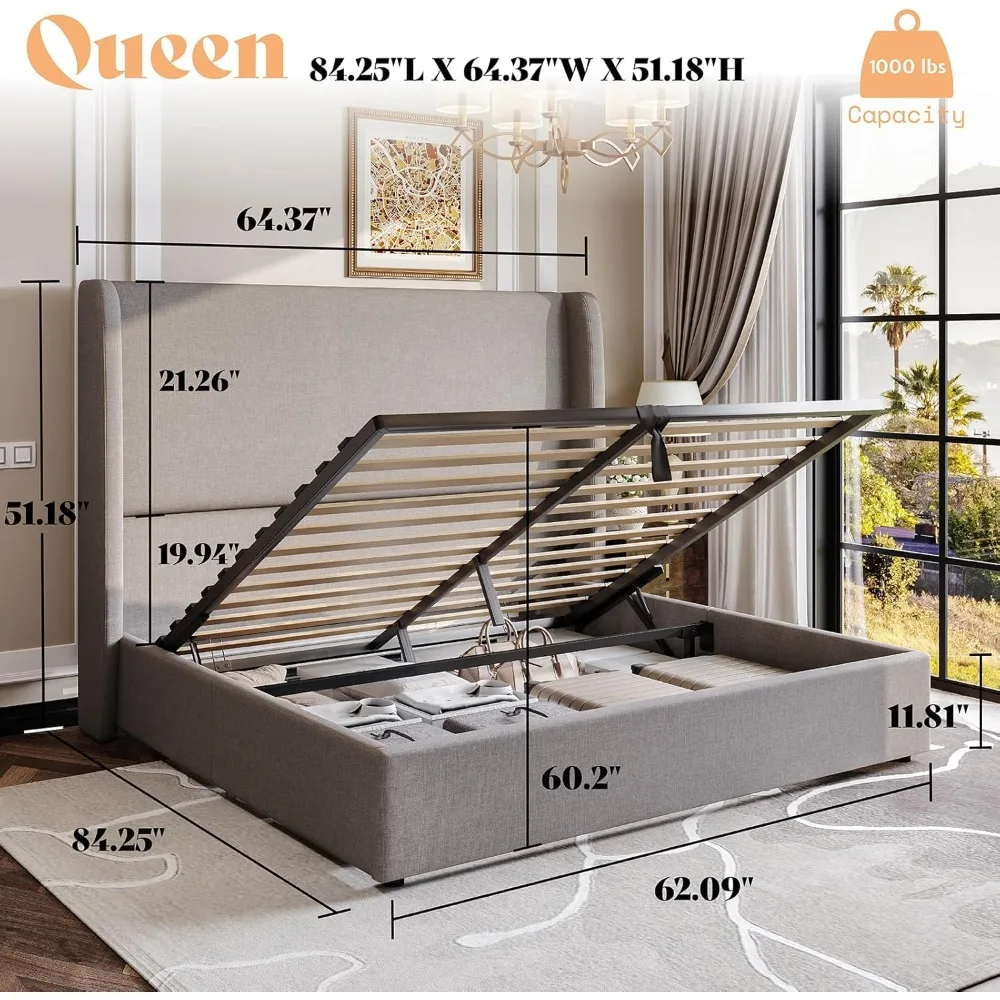 Lift Up Storage Bed Queen Size Linen Upholstered Platform Bed Frame, No Box Spring Needed, Mattresses 3