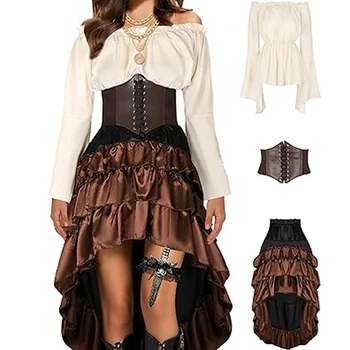 Costume da Pirata Bucaniere, Top, Camicia, Gonna, Bustino, Abito da Ballerina Flamenco, Stile Vittoriano, Halloween, Rinascimento, Burlesque, Outfit Asimmetrico per Donne
