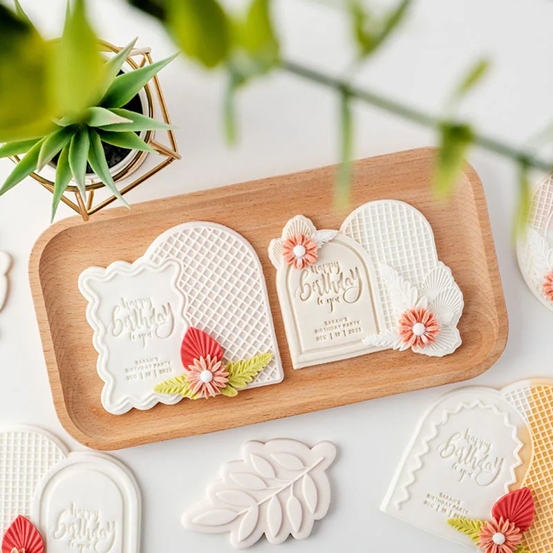 

Acrylic Cookie Cutter Embossing Mold Happy Birthday Leaf Biscuit Stamp Mould Fondant Pastry Sugar Cake Decoration Baking Tools