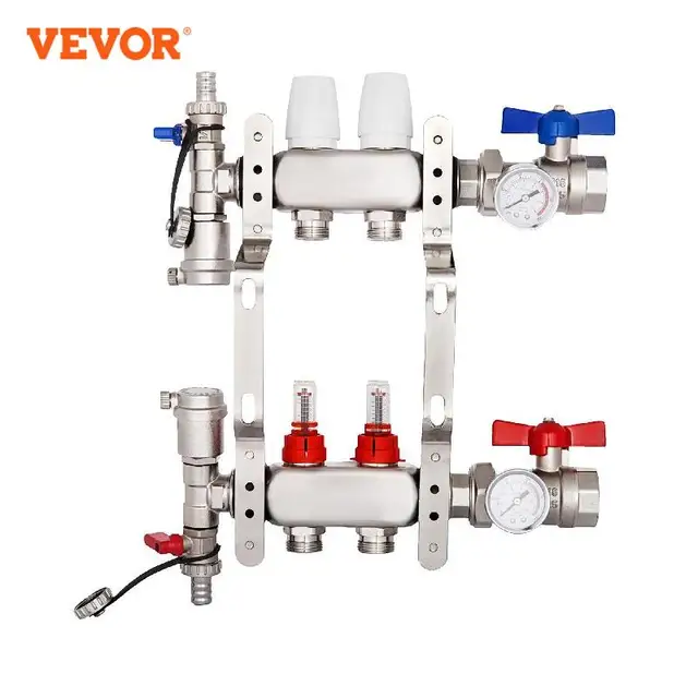 Vevor 2-Branch Pex Radiant Padló Fűtési Elosztó 1/2 "Pex Áramlási Mérőkkel Rozsdamentes Acél Sugárzó Padlócsonkkészlet