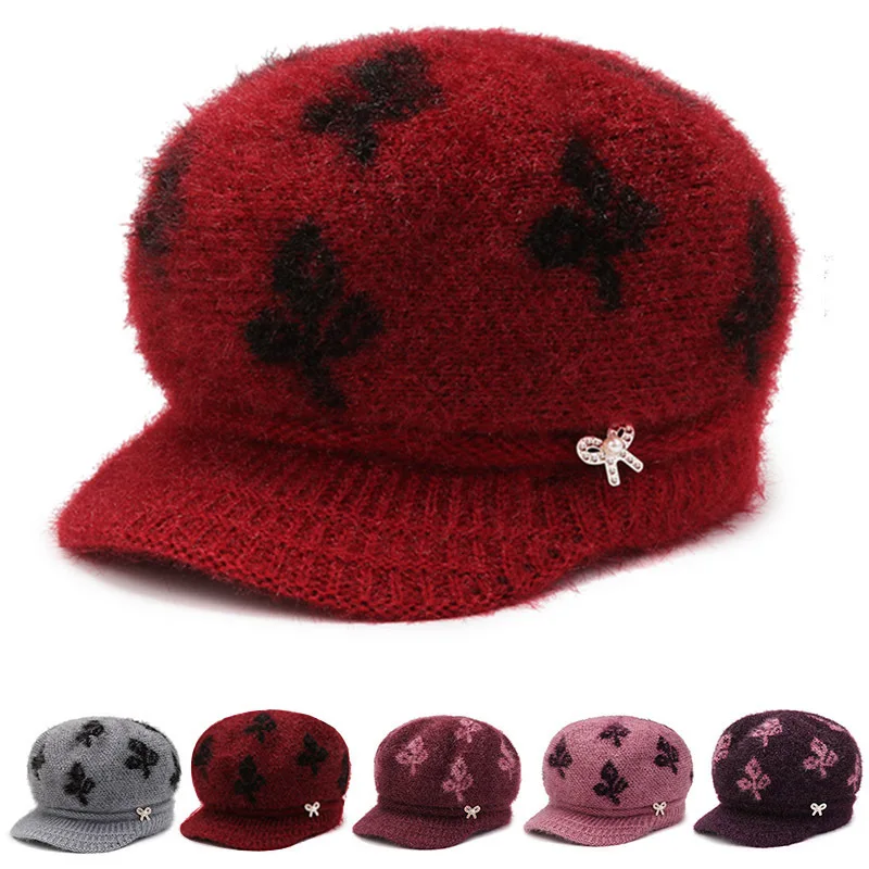 

Women Warm Beanie Cap Winter Pumpkin Hat Peaked Cap Short Brim Grandma Knitted Windproof Hat Stretch Headwrap Keep Warm