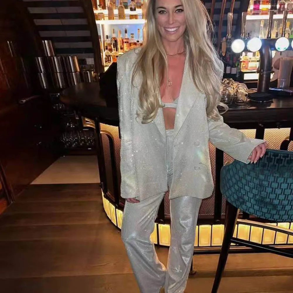 Shining Women Sets Outfits Sexy Bra+Notched Single Breasted Blazer Coat+High Waist Straight Pants 2 Piece Suits