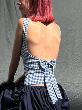 Women Cropped Tank Tops Plaid Print Summer Bow Backless Basic Vest Sleeveless Shirt Aesthetic Clothes for Streetwear 5