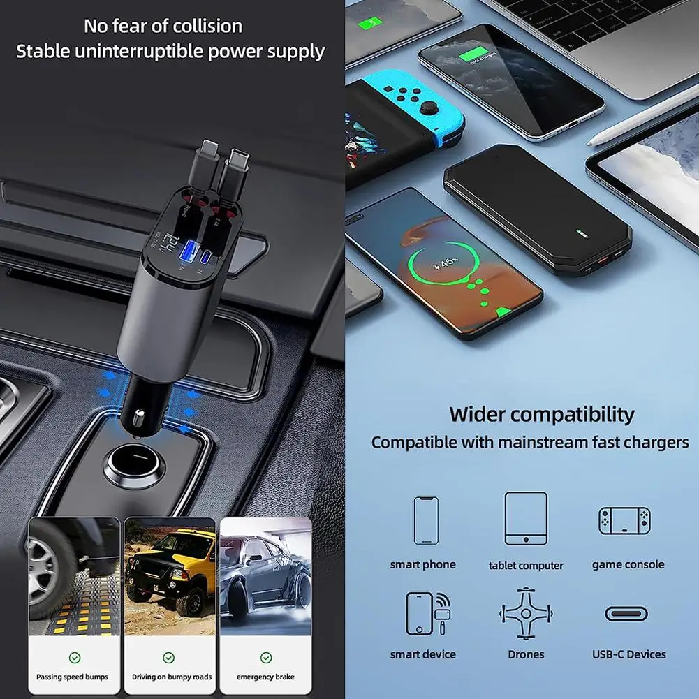 100w 4 in 1 einziehbares Auto ladegerät USB Typ C Kabel für iPhone Samsung  Schnell ladekabel Zigaretten anzünder Adapter