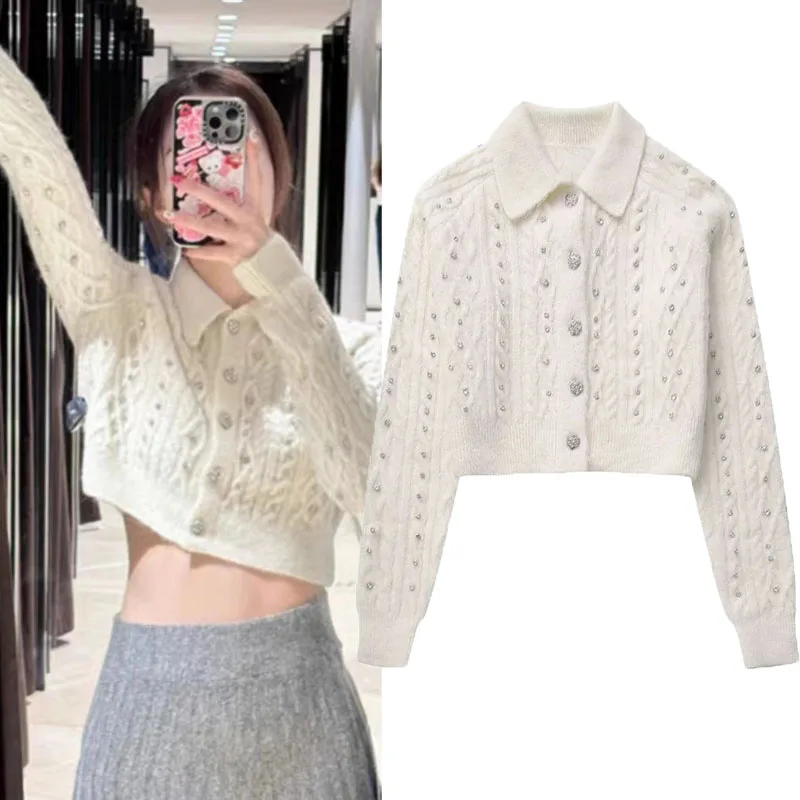 

TRAF Korean Elegant Cropped Cardigan For Women Autumn Lapel Long Sleeve Short Sweater Coats Luxury Beaded Jewel Button Short Top