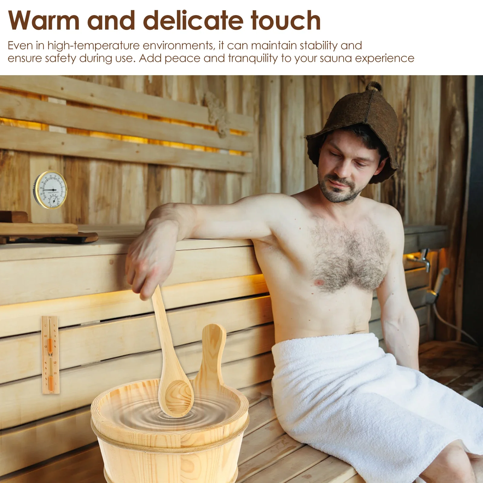 4Pcs Set Sauna Accessories Wood Sauna Bucket Spoon with Handle Design 2 in 1 Thermometer&Hygrometer Hourglass Timer