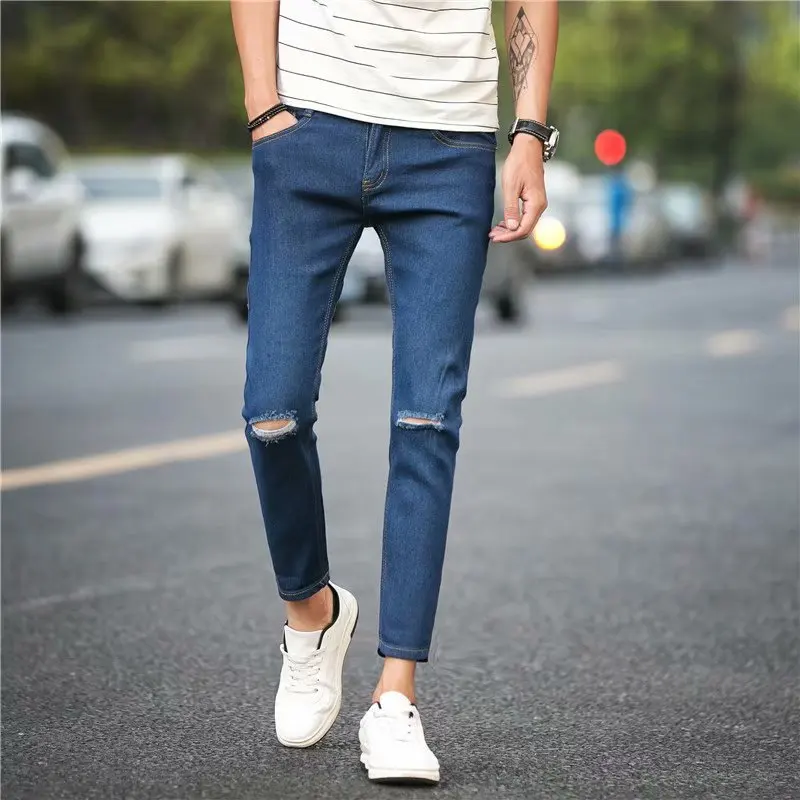 Summer 2022 Fashion Brand Dark Blue Men's New Ripped Jeans Feet Korean Trendy Youth Cut Hole Casual Pencil Pants