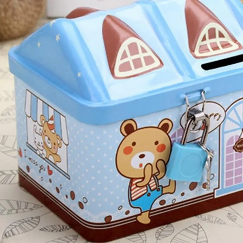 귀여운 곰 집 동전 상자 창조적 인 금속 은행 통화 상자 동전 은행 어린이 저축 탱크 생일 및 크리스마스 선물 토끼