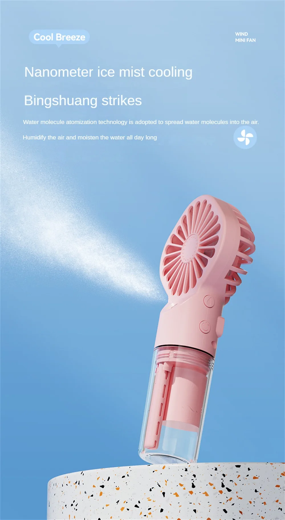 Description Picture 3 of itemHandheld Mini Fan Foldable Portable Air Conditioner Neck Humidifier Fan Hanging Fans 4 Speed USB Rechargeable Fan Cooling Spray