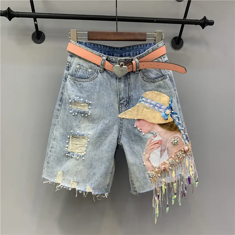 

2023 Summer Denim Shorts Women Tassel sequin Fashion Ripped Jeans Loose High Waist Knee Length pants Female Z396