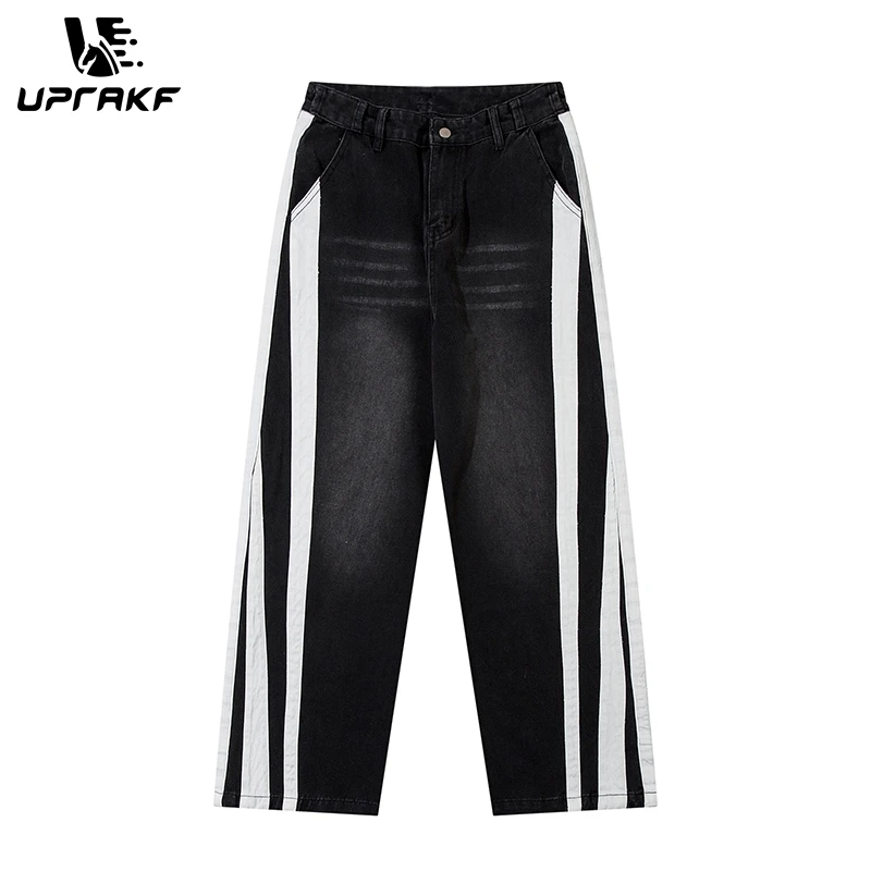 

UPRAKF Side Webbing Denim Pants High Street Washed Straight-leg Loose Jeans Patchwork Trouser Fashion Casual Autumn Korean Style