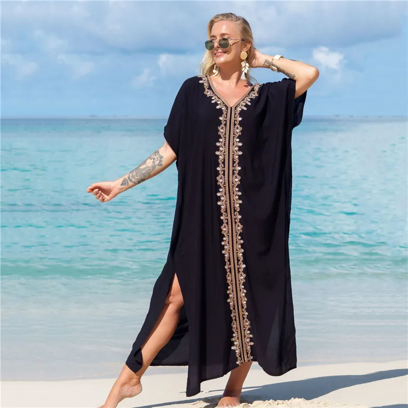 Loose Gold Embroidered Kaftan Long Black Tunic Loose Maxi Dress Women Summer Beach Wear Swim Suit Bikini Cover Up