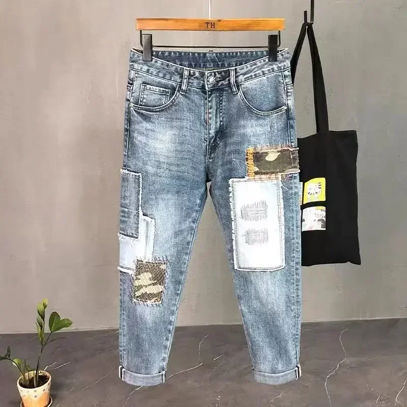 thumbnail image 1 of Pantalones vaqueros para hombre empalmados, pantalones vaqueros ajustados y cónicos, pantalones pitillo ajustados Y 2k Vintage, nuevos en Y2k, elegantes, suaves y lujosos, 1 of 4