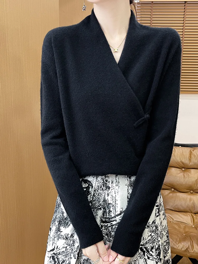 Women's Pure Wool Knitted Sweater, Buttoned, V-Neck, Loose, Simple, Top, Pullover, Casual, Fashionable, 2024 Autumn/Winter 3