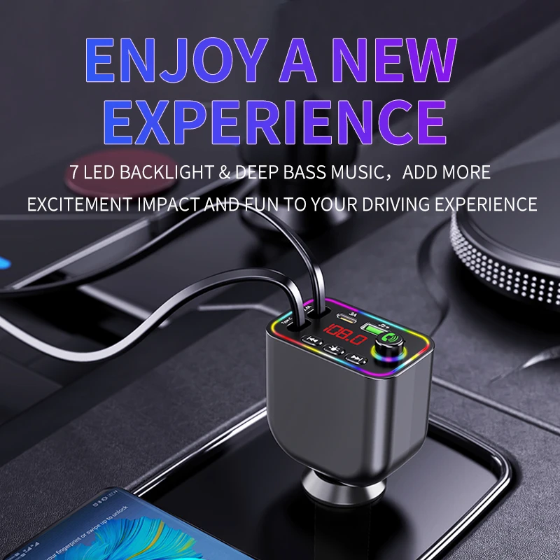7-Colors Backlit Car MP3 Music Player Wireless Hands Free Call Car Fast Charger Retractable Cables car mp3 player For iPhone Samsung Huawei