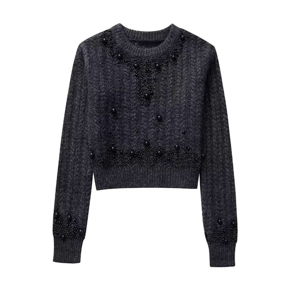 

New autumn and winter women's sweet and fashionable pearl-embellished slim short knitted sweater 2142233