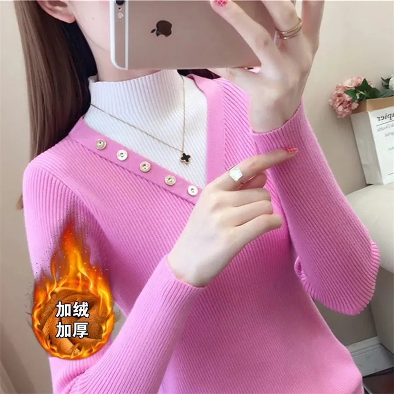 

Women Fake Two-Piece Sweater Pullover New Stitching Half Turtleneck Sweater Knitted Sweater Female Fleece Bottoming Shirt Tops