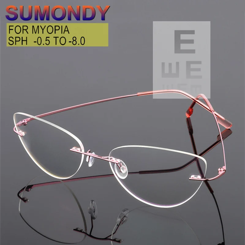 

Blue Light Blocking Or Chameleon Myopia Glasses Sphere -0.5 to -8.0 Men Women Titanium Alloy Cat Eyes Rimless Spectacles UF178