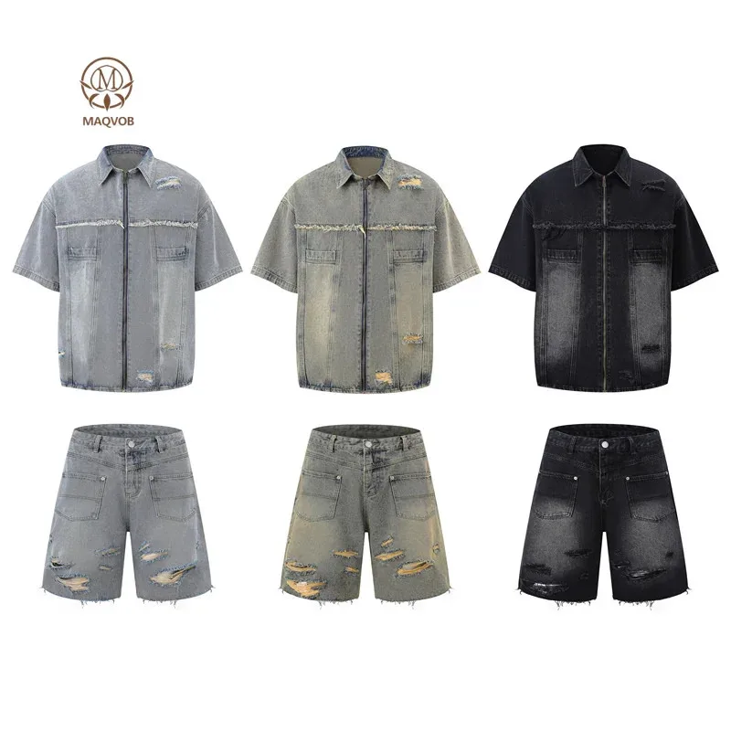 HELLOMARCEL Top Quality EU US Size Luxury Street Wear Vintage Frayed Distressed Zipper Denim Jacket and Shorts Jeans Set