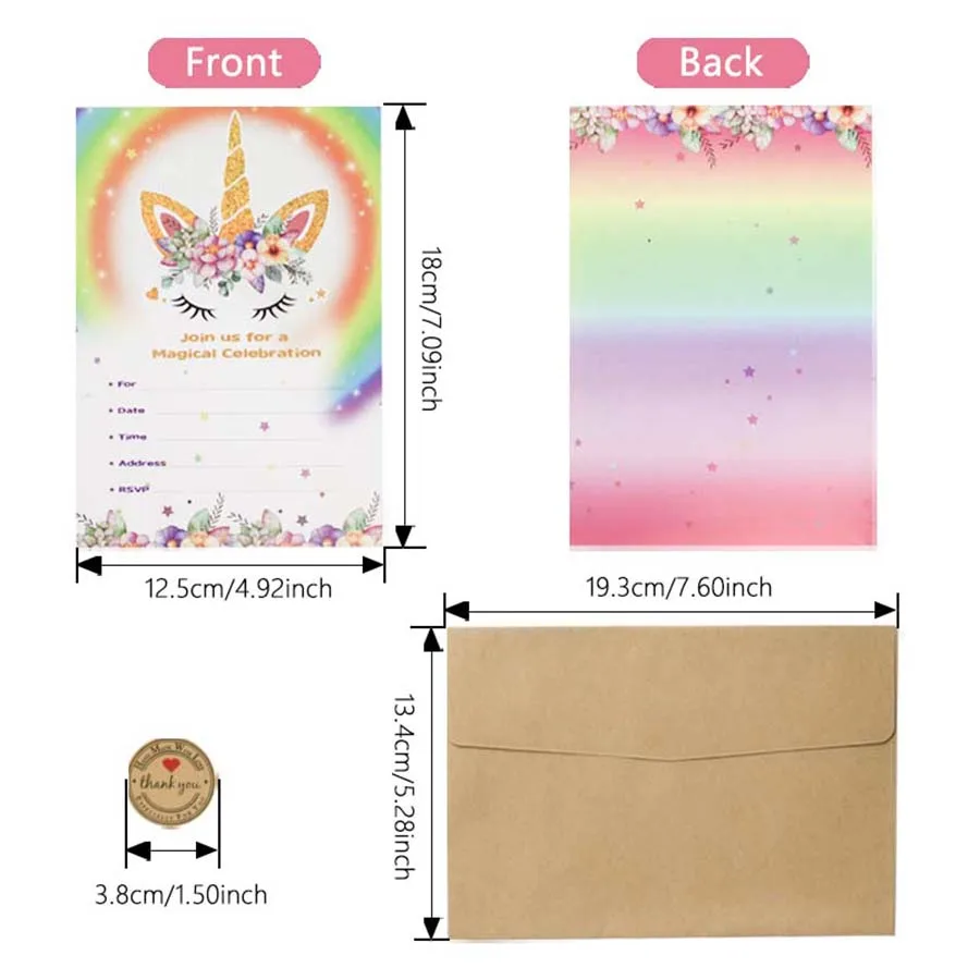 Unicorn Party Invitation Set Rainbow Unicorn Cards Envelopes and Stickers Ideal Baby Shower wedding party 10PCS greeting cards wedding invitations