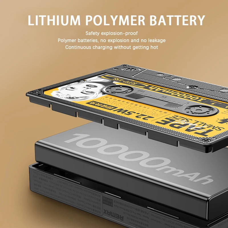 Remax Power Bank 10000mAh Tape Built-in Cable Power Bank QC Fast Charging USB LED Digital Display Retro for iPhone Huawei Xiaomi