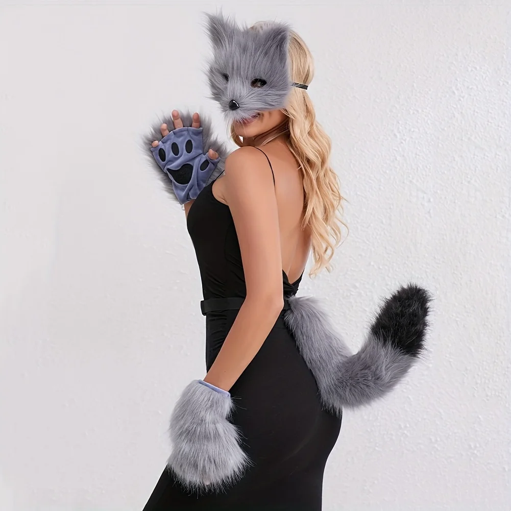 Fluffy Fur Fox Tail  Cat Paws Gloves Set - Wolf Mask Halloween Cosplay Accessories