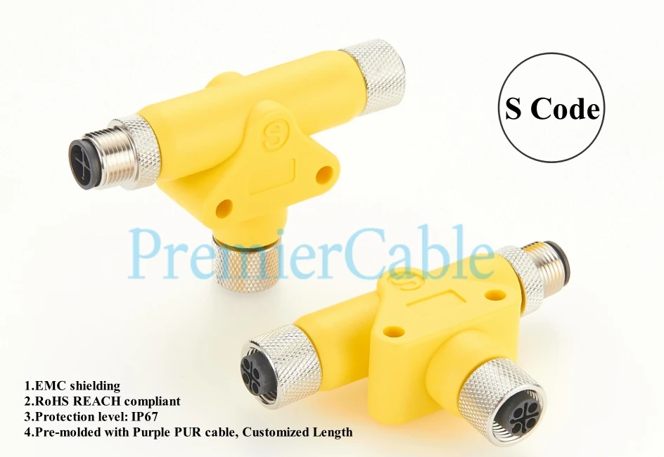 M12 S-Code T-Verteiler, S-Codierung 4-Pin Stecker auf Buchse T-Verteiler Anschlusskabel, Strom-T-Koppler, Rundstecker-Adapter für Automatisierung – Detail 4