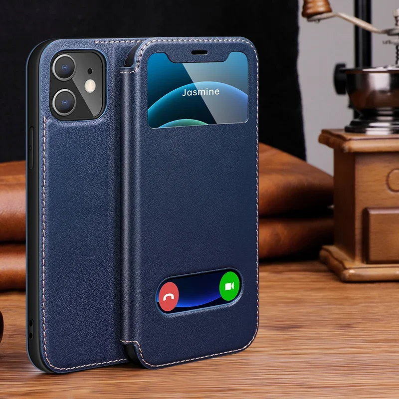 Luxury Genuine Leather Flip Cover with Window - Premium Book-Style Case