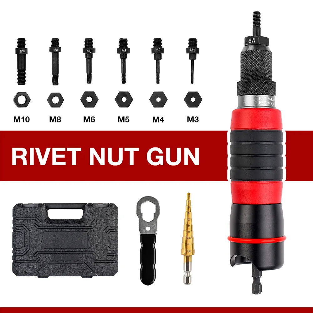 M3 M4 M5 M6 M8 M10 Electric Rivet Nut Adapter Cordless Home Rivet Gun Drill Bit Riveting Tools Tools Box 3-12mm