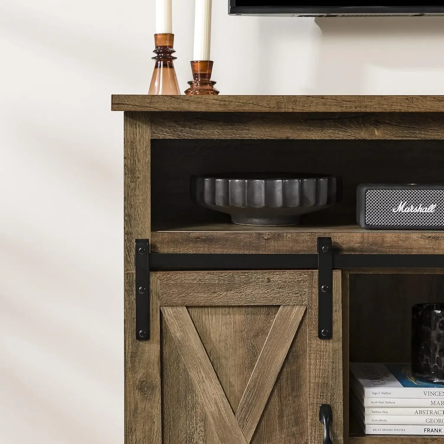 NEW-Clayton Farmhouse Sliding Double Barn Door TV Stand for TVs up to 58 Inches, 52 Inch, Rustic Oak