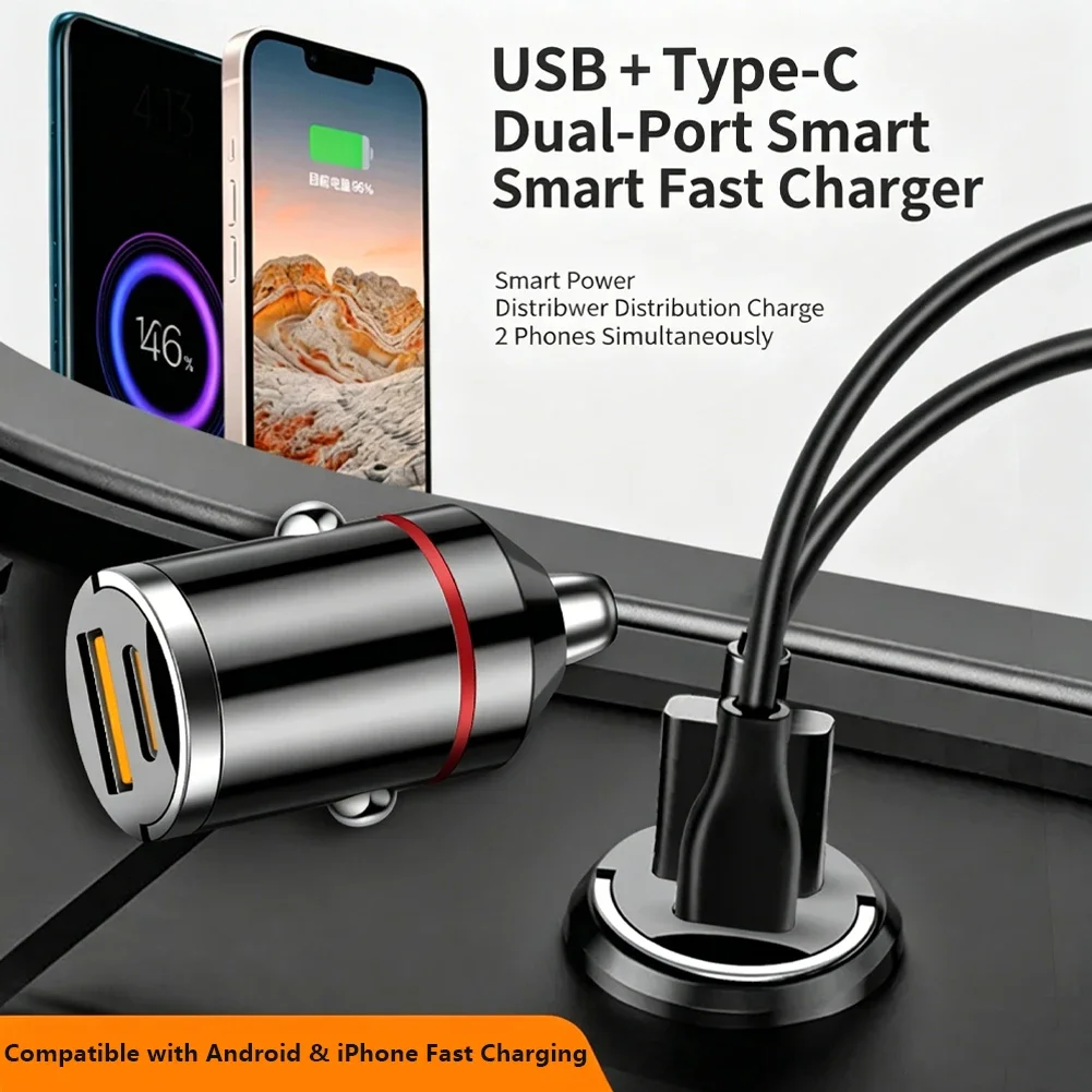 자동 시가 라이터 어댑터 12-24V 듀얼 포트 자동 풀링 PD+USB 타입-C QC3.0 고속 충전 차량용 충전기