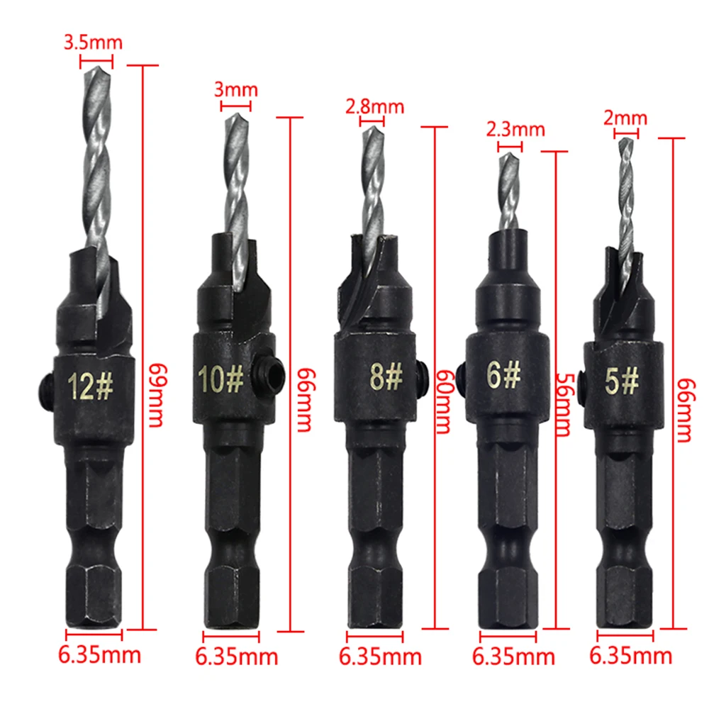 5pc Hexagon screw carpenter's hole opener countersink drill taper drill drilling reaming hardware tool set image 4