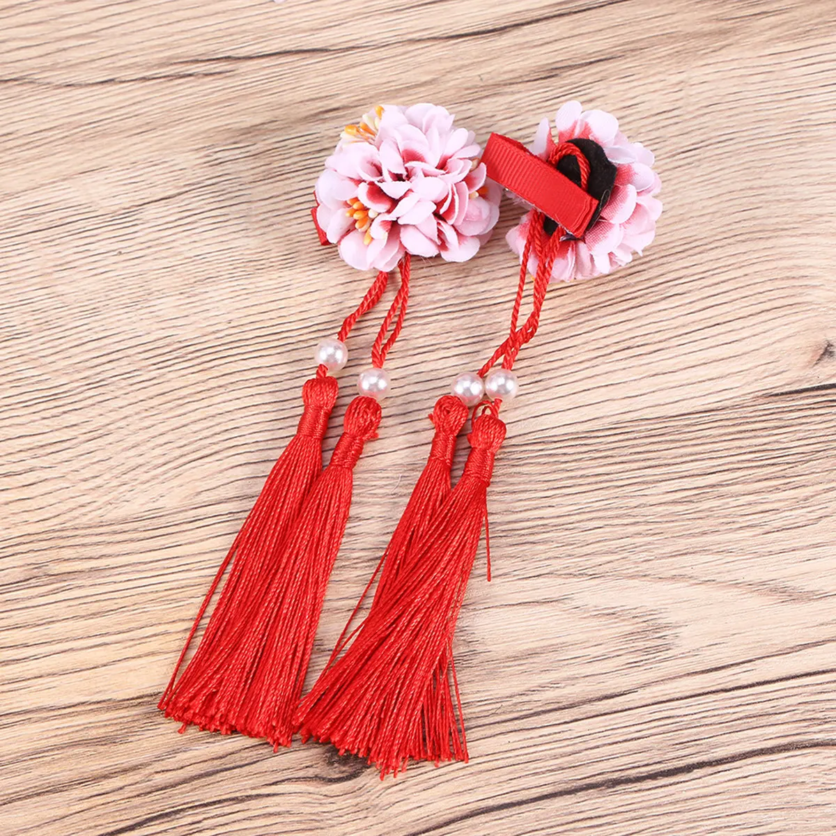 2Pcs Tassels 헤어 클립 꽃 모양 긴 천 머리핀 스타일 헤어 액세서리 그라데이션 레드 데일리 착용