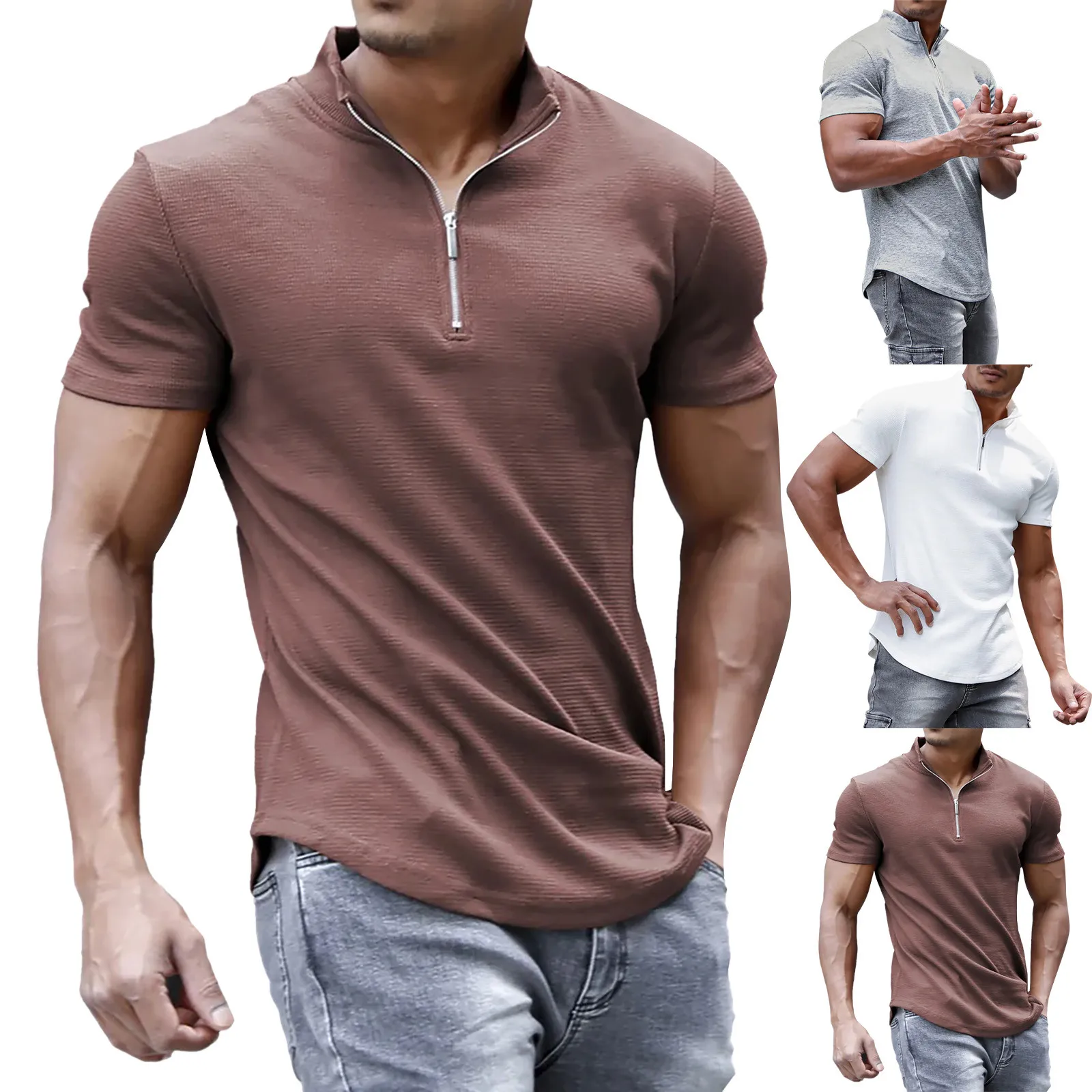 

Summer Clothes Cotton Men's T-shirt Short Sleeve stand collar Zipper Tshirts &for Men Casual Streetwear New Male Tops White XXXL