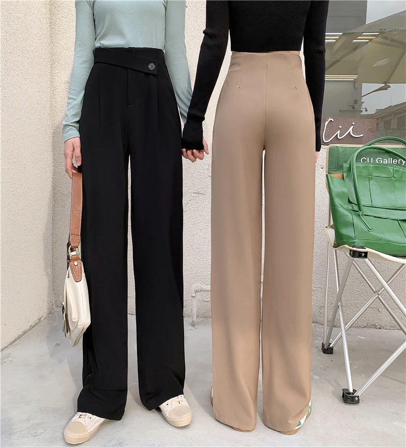 Women High Street Fashion Button Office Pants 2024 Spring New Casual Wide Leg Solid Color Ladies Long Pants Elegant Trousers Pop