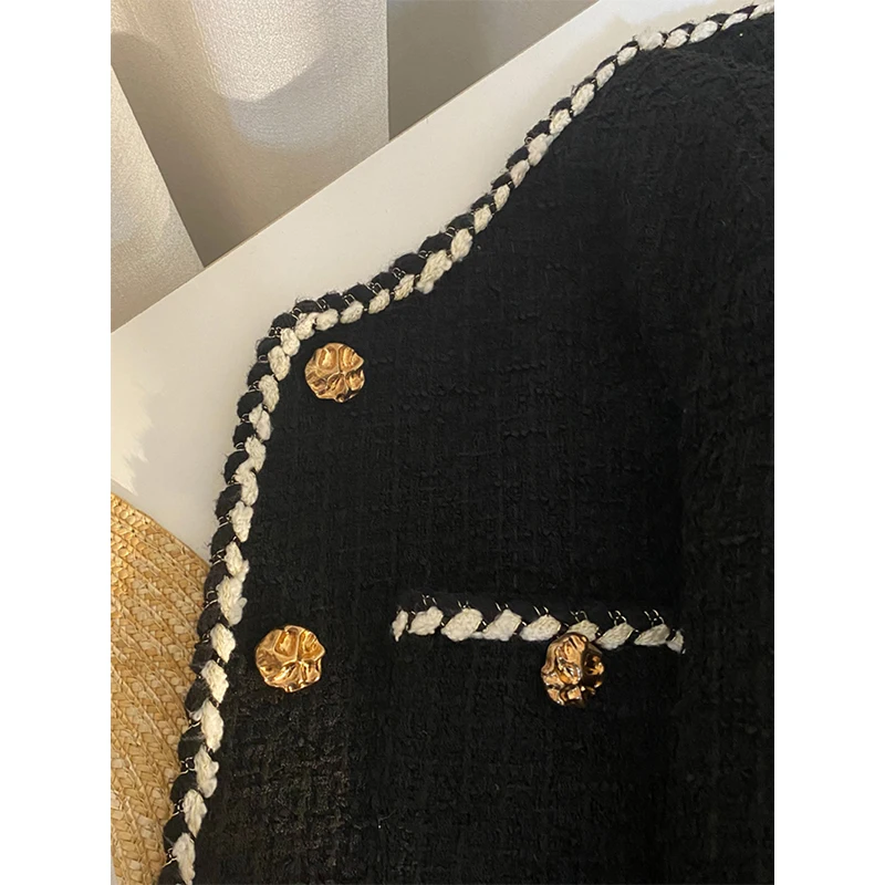 MEXZT Vintage Tweed Jacket Women Elegant Cropped Quilted Coat Commute Black Blazer Winter Ladies Korean Short Outerwear Tops New 5